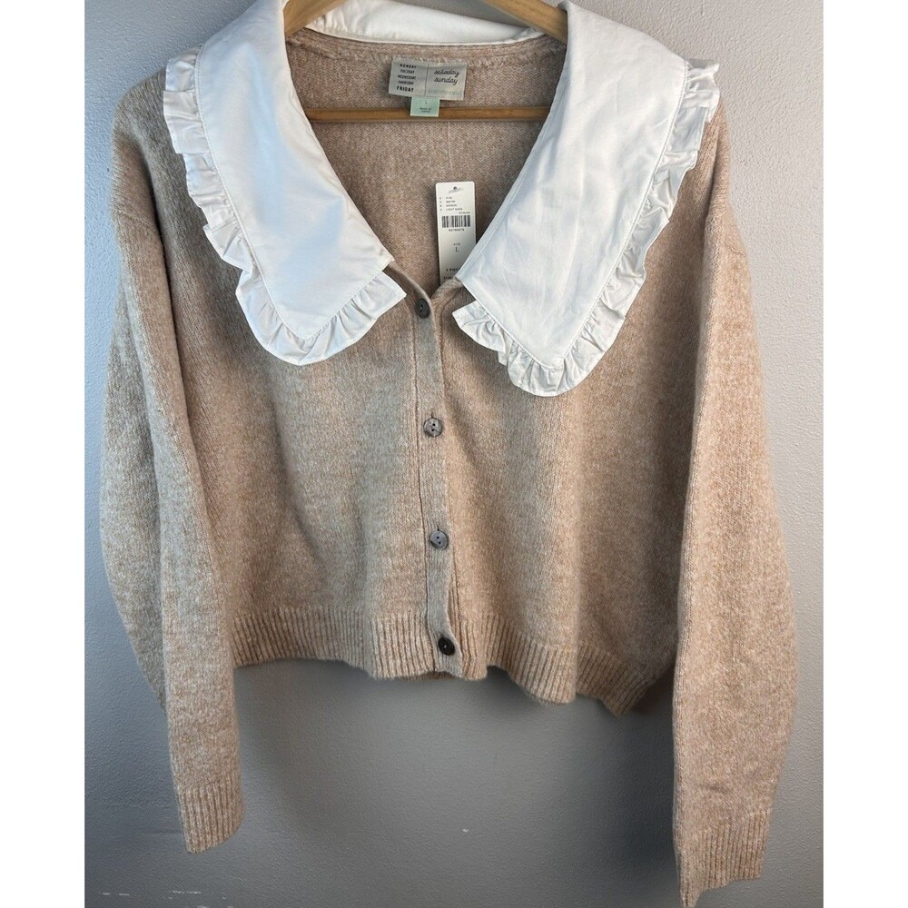 Anthropolgie Ruffled Knit Crop Sweater Peter Pan Color Button Down SIze L NWT - Picture 2 of 8